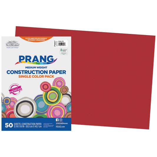 Construction Paper, Medium Weight, Holiday Red, 12" x 18", 50 Sheets