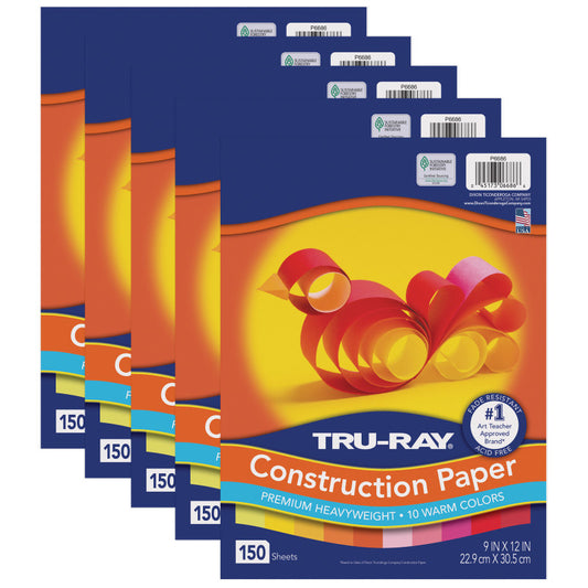 Construction Paper, Heavyweight, Warm Assorted, 9" x 12", 150 Sheets Per Pack, 5 Packs