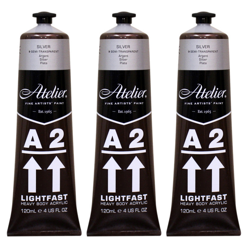 A2 Heavy Body Lightfast Artist Acrylic, 4 oz., Silver, Pack of 3