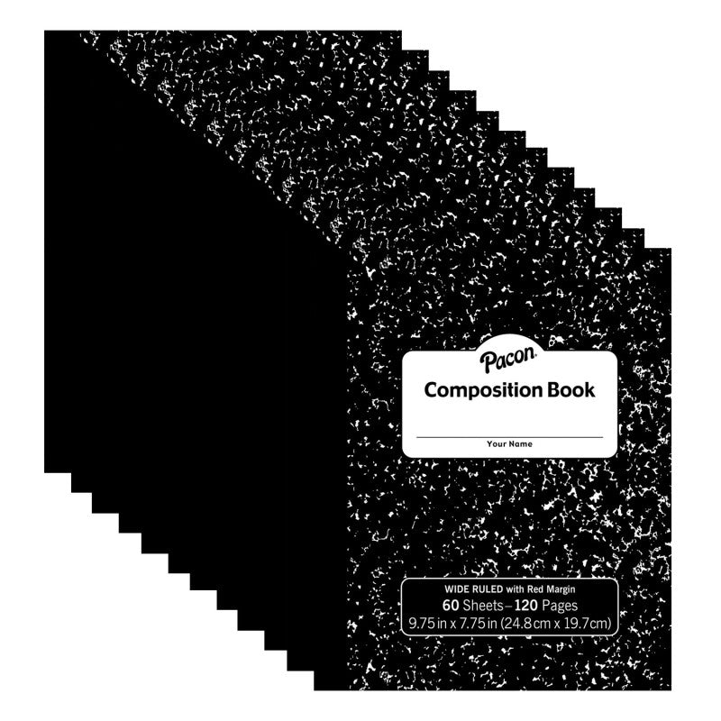 Composition Book, Black Marble, 3/8" Ruled w/Margin, 9-3/4" x 7-3/4", 60 Sheets, Pack of 12