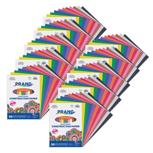 Construction Paper, Medium Weight, 10 Assorted Colors, 9" x 12", 50 Sheets Per Pack, 10 Packs