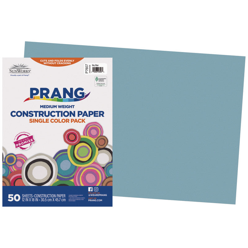Construction Paper, Medium Weight, Sky Blue, 12" x 18", 50 Sheets