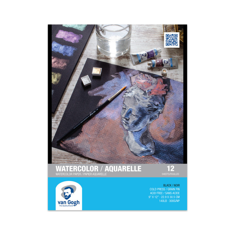 Watercolor Paper Pad, 140lbs, Black, Cold Press, 9" x 12", 12 Sheets