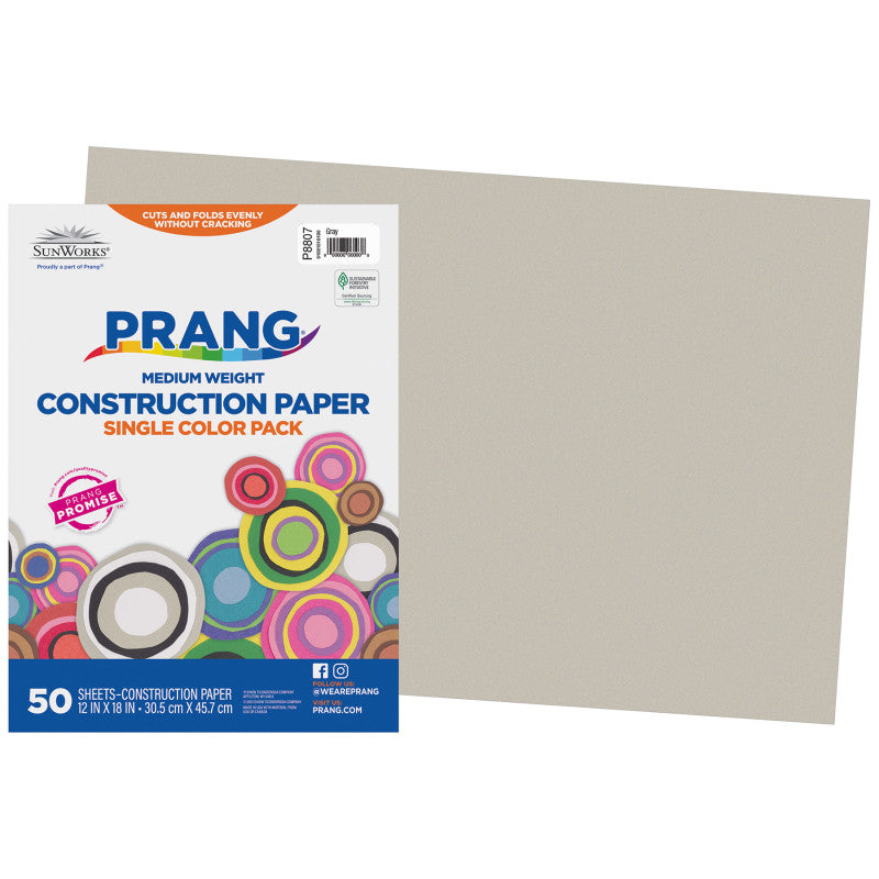 Construction Paper, Medium Weight, Gray, 12" x 18", 50 Sheets