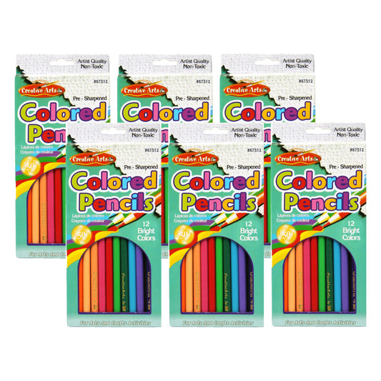 Pre-Sharpened Colored Pencils, Assorted Colors, 7 Inches, 12 Per Pack, 6 Packs