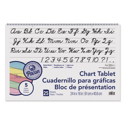 Colored Paper Chart Tablet, Cursive Cover, 5 Assorted Colors, 1" Ruled. 24" x 16", 25 Sheets