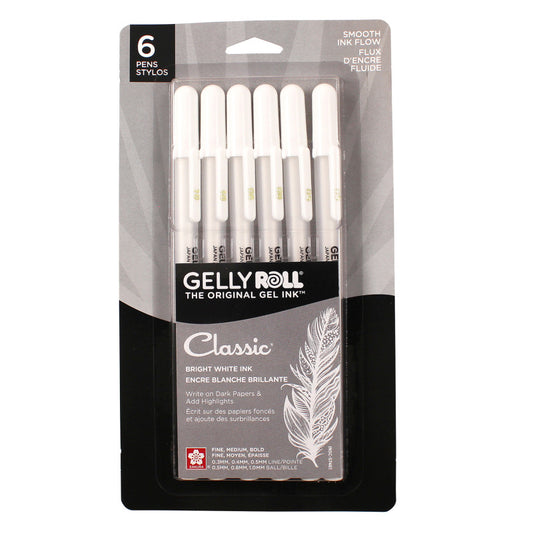 Classic Gel Pens, Assorted Sizes, White, 6-Pack, Blister Card