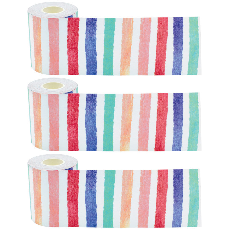 Watercolor Stripes Straight Rolled Border Trim, 50 Feet Per Roll, Pack of 3