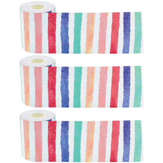 Watercolor Stripes Straight Rolled Border Trim, 50 Feet Per Roll, Pack of 3