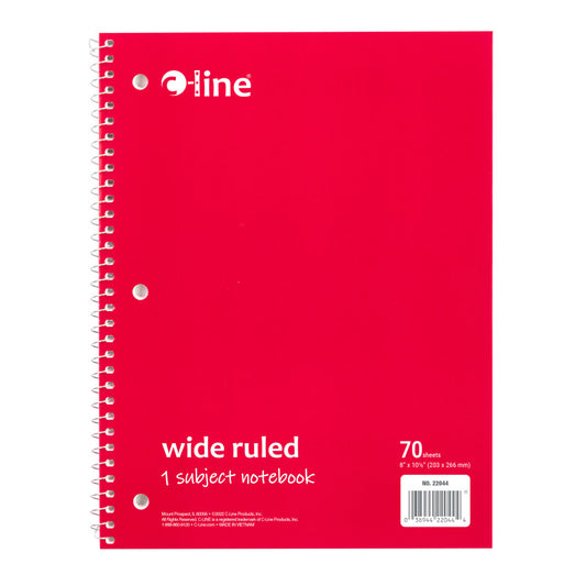 1-Subject Notebook, 70 Page, Wide Ruled, Red