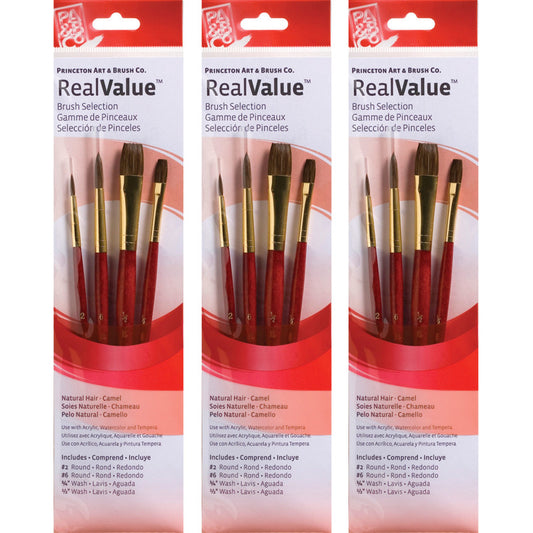 RealValue Brush Set, Camel Bristles, Short Handle Mixed Media Paintbrush, Red, 4 Per Set, 3 Sets