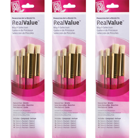 RealValue Stencil Brush Set, Natural Bristles, Short Handle Mixed Media Paintbrush, Pink, 4 Per Set, 3 Sets
