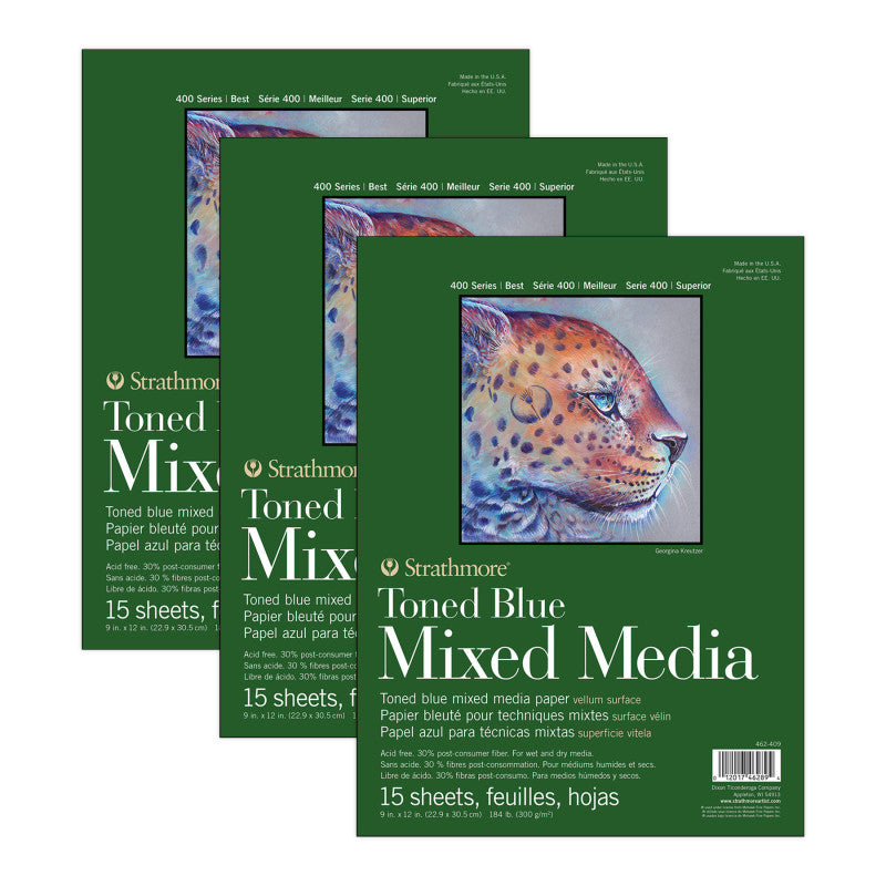 400 Series Mixed Media Pad, Toned Blue, Glue Binding, 15 Sheet, 9x12 inch, Pack of 3