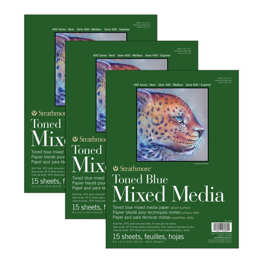 400 Series Mixed Media Pad, Toned Blue, Glue Binding, 15 Sheet, 9x12 inch, Pack of 3