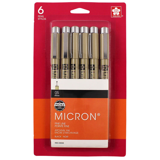 Pigma Micron Pens, Black, Size 05, 6-Pack, Blister Card
