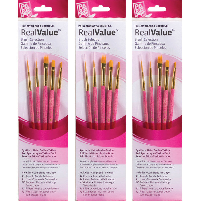 RealValue Brush Set, Gold Taklon Bristles, Short Handle Mixed Media Paintbrush, Pink, 5 Per Set, 3 Sets