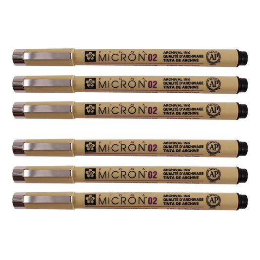Pigma Micron Pen, Black, 0.30mm Size 02, Pack of 6