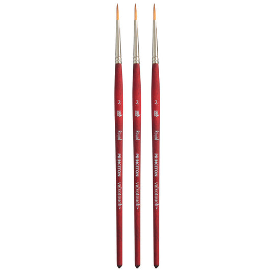 Velvetouch Round Brush, Synthetic Bristles, Short Handle Mixed Media Paintbrush, Scarlet, Size 2, Pack of 3
