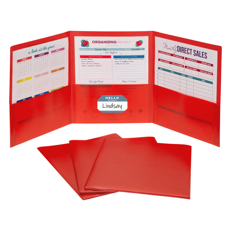 3-Pocket Poly Portfolio, Red, Box of 24