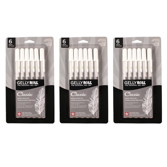 Classic Gel Pens, Assorted Sizes, White, 6 Per Set, 3 Sets