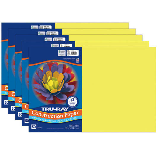 Construction Paper, Heavyweight, Lively Lemon, 12" x 18", 50 Sheets Per Pack, 5 Packs