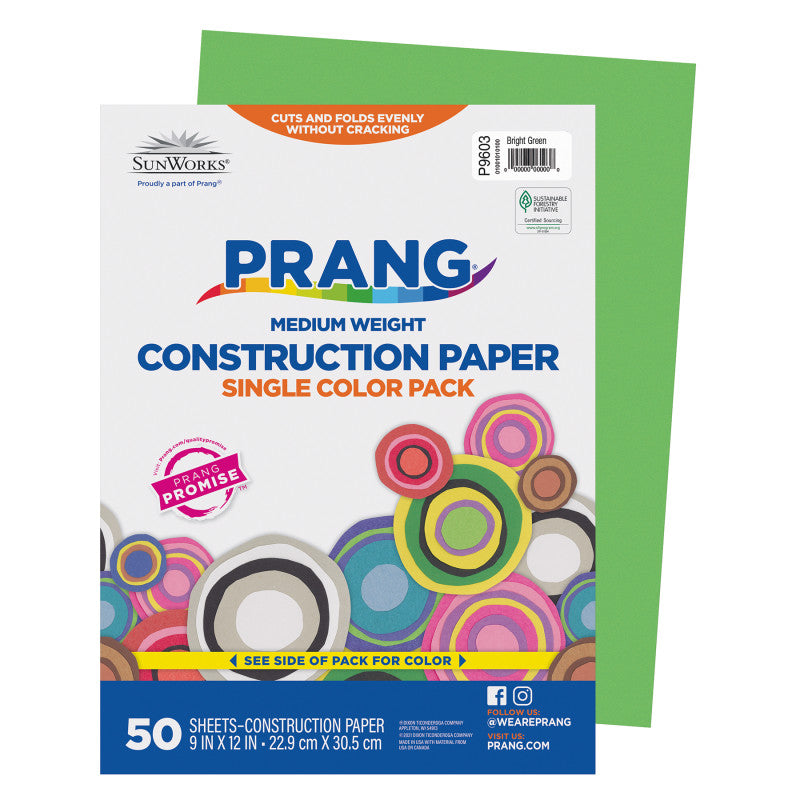 Construction Paper, Medium Weight, Bright Green, 9" x 12", 50 Sheets