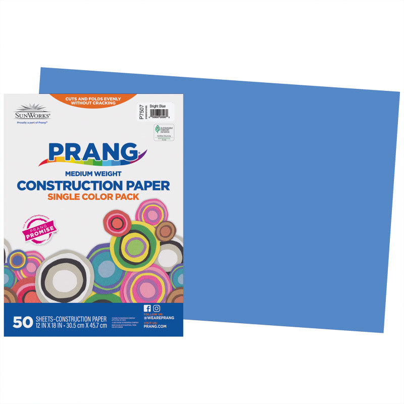 Construction Paper, Medium Weight, Bright Blue, 12" x 18", 50 Sheets