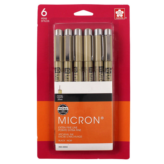 Pigma Micron Pens, Black, Size 005, 6-Pack, Blister Card