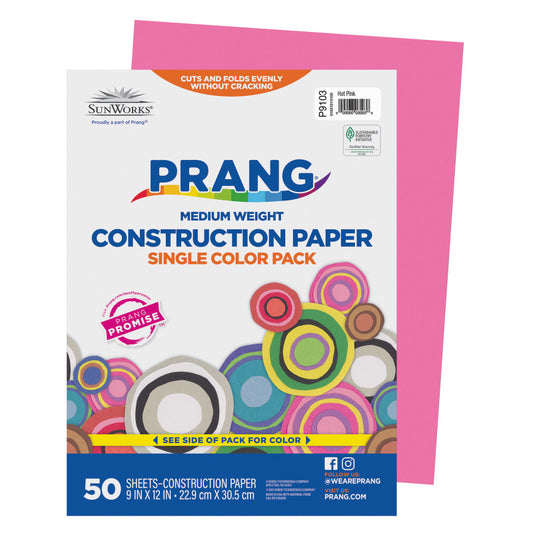 Construction Paper, Medium Weight, Hot Pink, 9" x 12", 50 Sheets