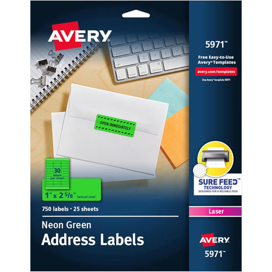 High-Visibility Labels, Permanent Adhesive, Neon Green, 1" x 2-5/8", 750 Labels