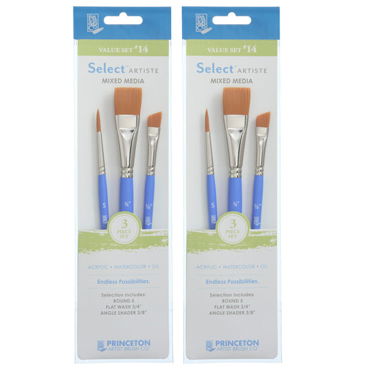 Select Artiste Brush Set No. 14, Synthetic Bristles, Short Handle Mixed Media Paintbrush, Jewel Blue, 3 Per Set, 2 Sets