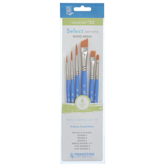 Select Artiste Brush Set No. 22, Synthetic Bristles, Short Handle Mixed Media Paintbrush, Jewel Blue, 6 Pieces