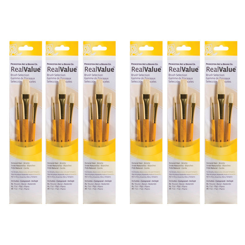 RealValue Brush Set, Natural Bristles, Short Handle Mixed Media Paintbrush, Yellow, 3 Per Set, 6 Sets