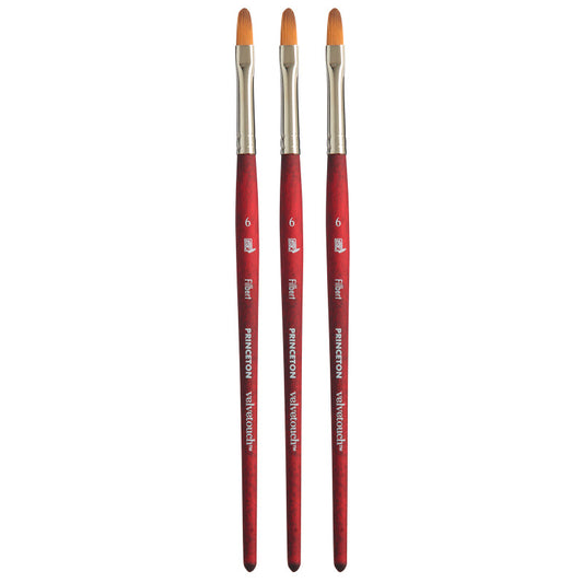 Velvetouch Filbert Brush, Synthetic Bristles, Short Handle Mixed Media Paintbrush, Scarlet, Size 6, Pack of 3