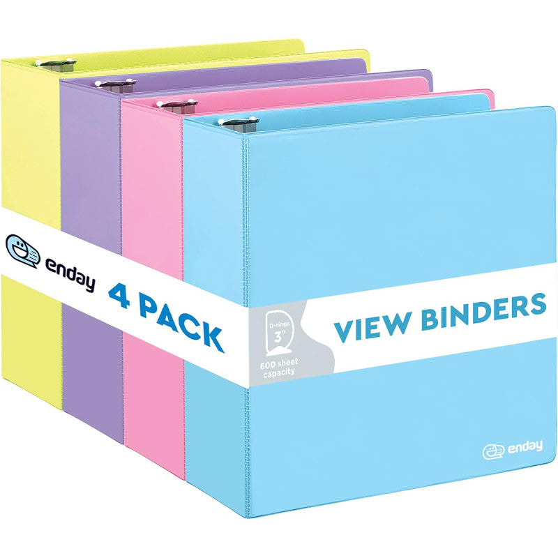 3-Ring View Binder, Slant D-Ring, Assorted Colors, 3 Inch, Pack of 4