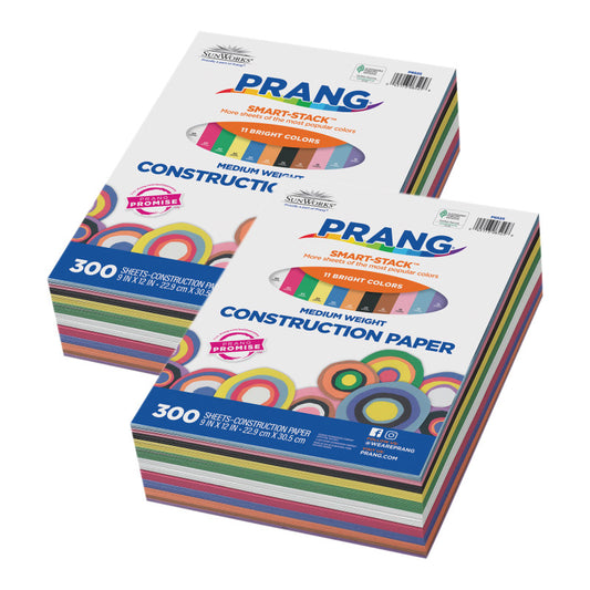 Construction Paper Smart Stack™ 11 Colors, 11 Assorted Colors, 9" x 12", 300 Sheets Per Pack, 2 Packs