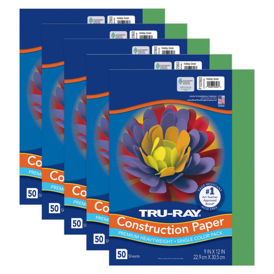 Construction Paper, Heavyweight, Holiday Green, 9" x 12", 50 Sheets Per Pack, 5 Packs