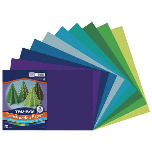 Construction Paper, Heavyweight, Cool Assorted, 12" x 18", 50 Sheets