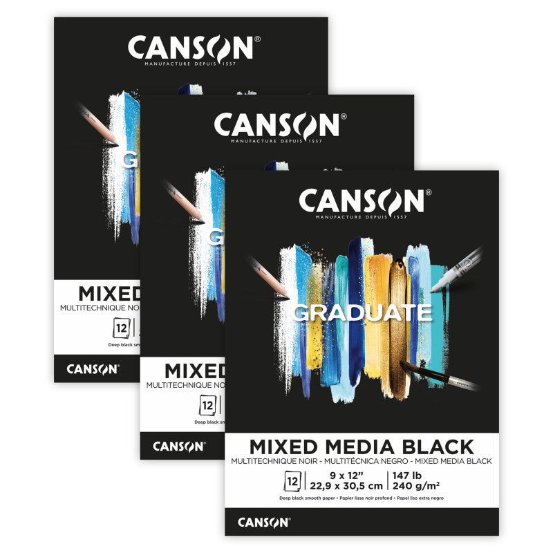 Graduate Mixed Media Pad, Black, Foldover Binding, 12 Sheet, 9x12 inch, Pack of 3