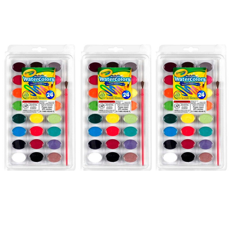 Washable Watercolor Pans with Plastic Handled Brush, 24 Colors, 3 Sets