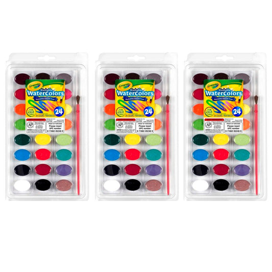 Washable Watercolor Pans with Plastic Handled Brush, 24 Colors, 3 Sets