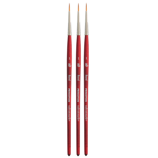 Velvetouch Round Brush, Synthetic Bristles, Short Handle Mixed Media Paintbrush, Scarlet, Size 1, Pack of 3
