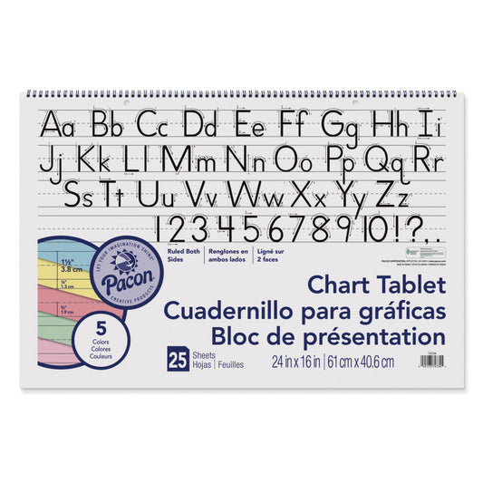 Colored Paper Chart Tablet, Manuscript Cover, 5 Assorted Colors, 1-1/2" Ruled, 24" x 16", 25 Sheets