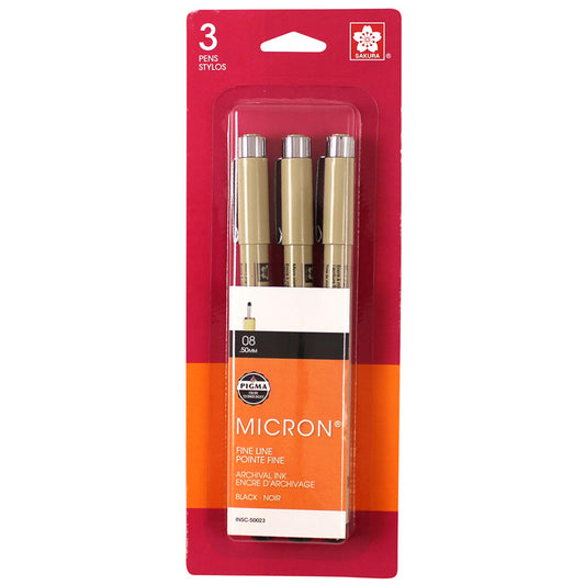 Pigma Micron Pens, Size 08 Fine Point, Black, 3-Pack, Blister Pack
