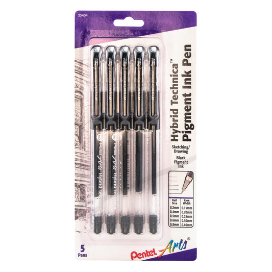 Hybrid Technica Gel Pen, Assorted Tip Sizes (0.05, 0.1, 0.3, 0.5, 0.8), Black Ink 5-Pk