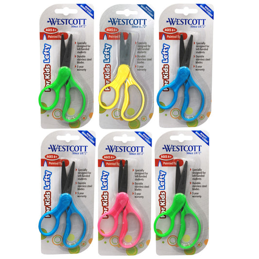 5" Lefty Hard Handle Kids Scissors, Pointed, Assorted Colors, Pack of 6