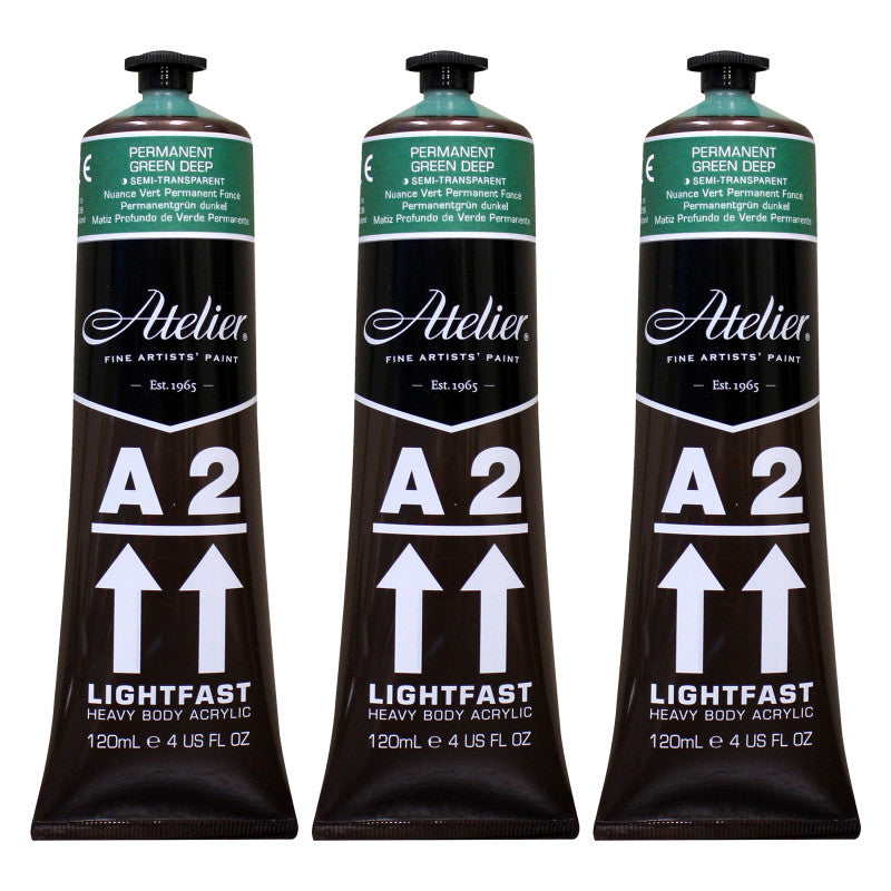 A2 Heavy Body Lightfast Artist Acrylic, 4 oz., Permanent Green Deep Hue, Pack of 3