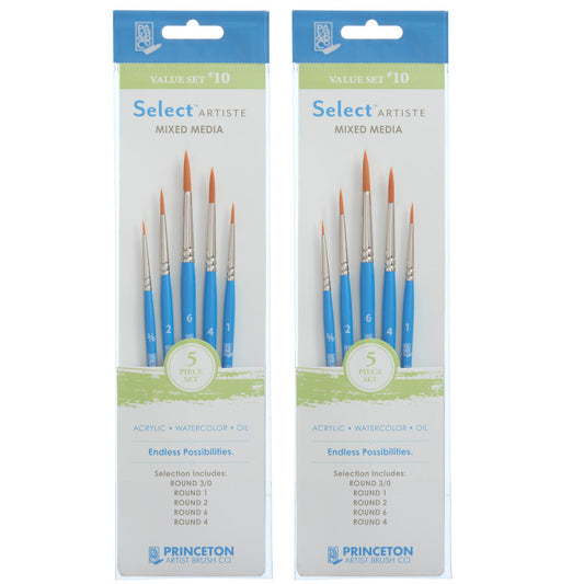 Select Artiste Brush Set No. 10, Synthetic Bristles, Short Handle Mixed Media Paintbrush, Jewel Blue, 5 Per Set, 2 Sets