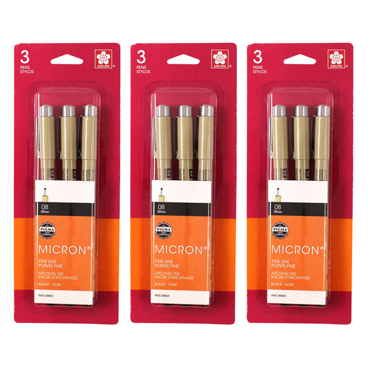 Pigma Micron Pens, Size 08 Fine Point, Black, 3 Per Set, 3 Sets