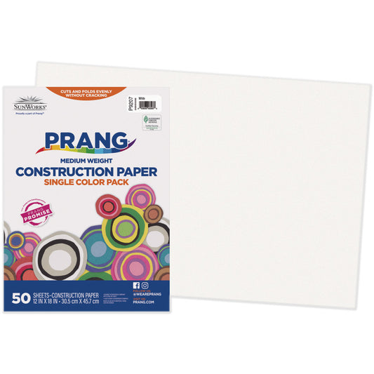 Construction Paper, Medium Weight, White, 12" x 18", 50 Sheets
